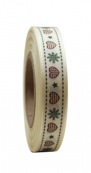 Geschenkband Weihnachtsherz braun/grün 15mm breit, 20m
